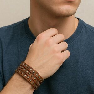 Brown Leather Bracelet Silver tone studs snap close unisex 8”